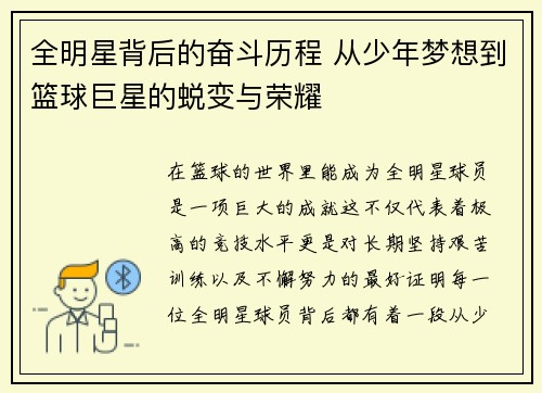 全明星背后的奋斗历程 从少年梦想到篮球巨星的蜕变与荣耀